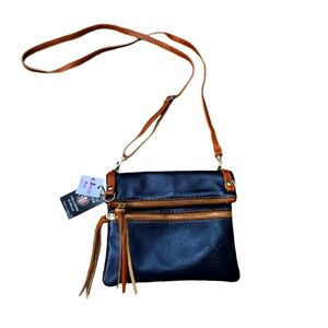 NWT!Vera‎ Pelle Italian Leather Navy Blue & Brown Crossbody Purse.